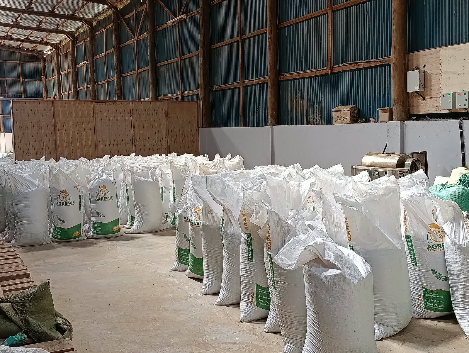 Sacks of Agremix animal feed stacked in the Eldoret warehouse
