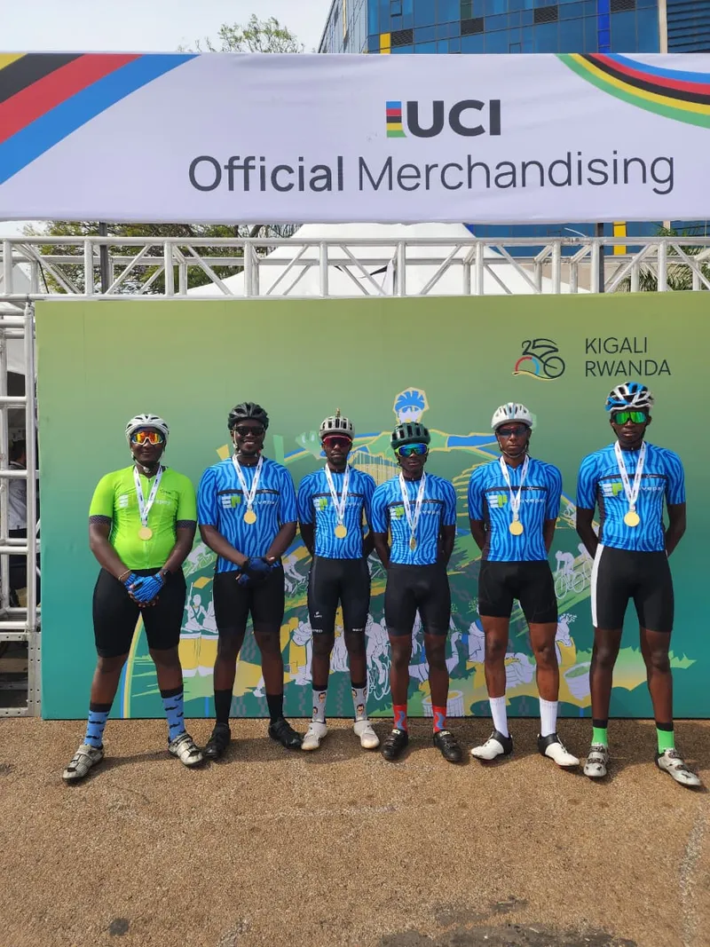 The AirPocket Cycling Team photographed at the 2025 UCI Road World Championships in Kigali, Rwanda