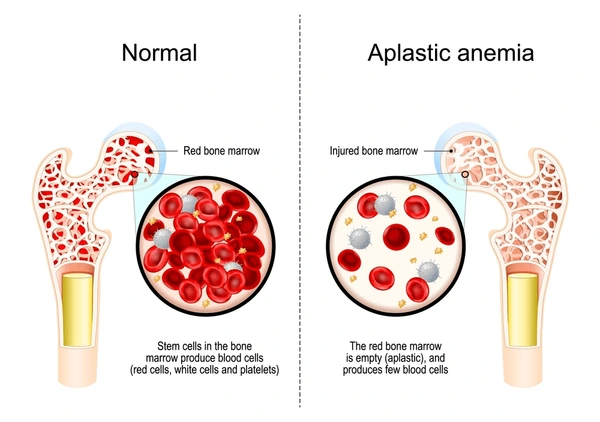 Illustration comparing healthy bone marrow with bone marrow affected by aplastic anaemia
