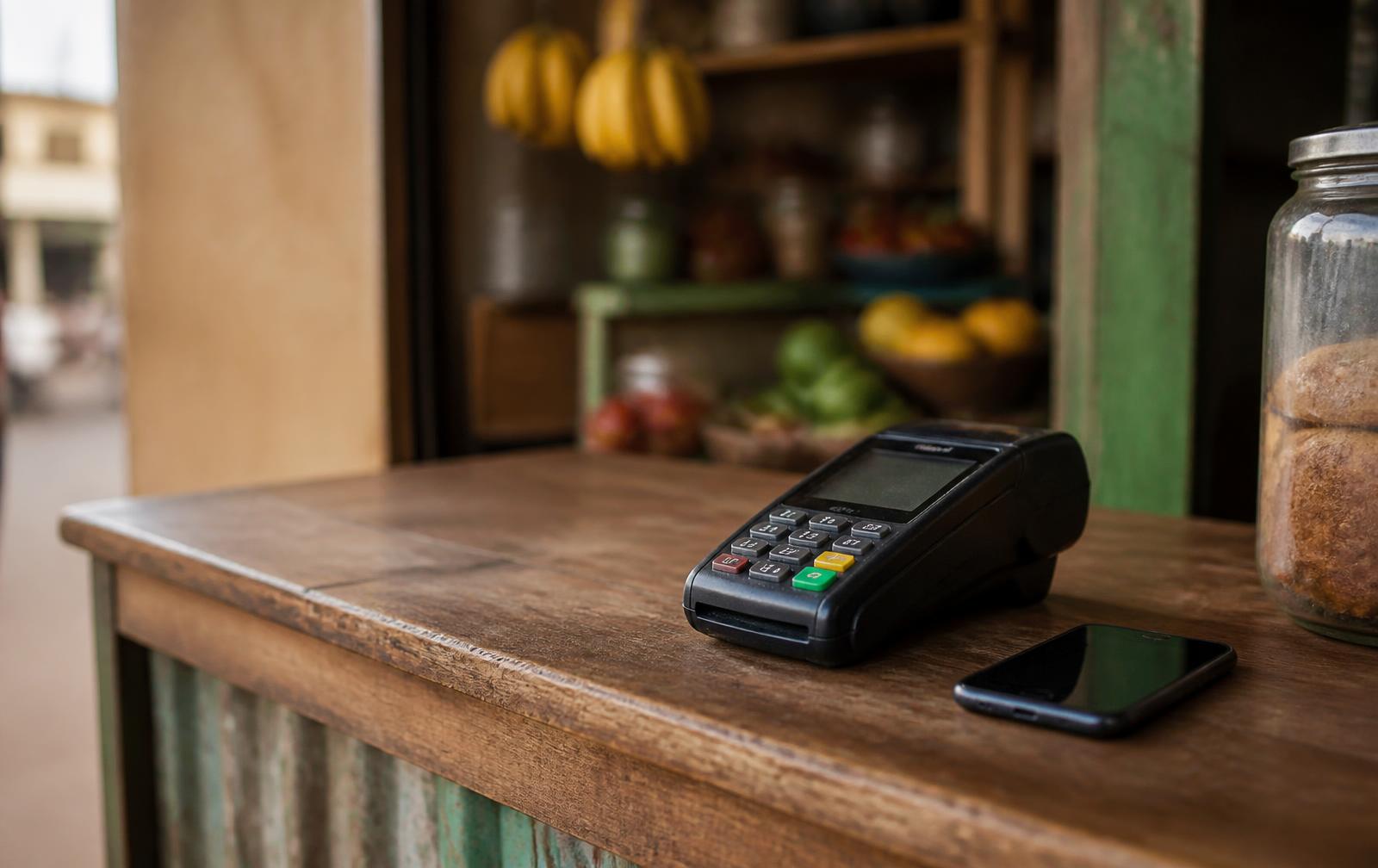 Payment terminal in use at a small trading counter